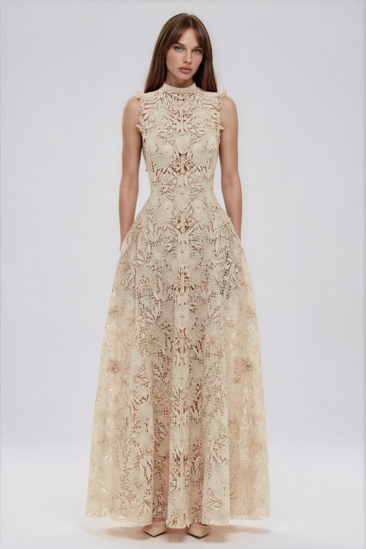 cream sleeveless floral lace maxi dress