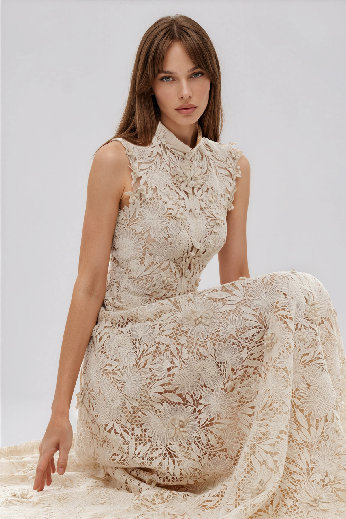 cream sleeveless floral lace maxi dress