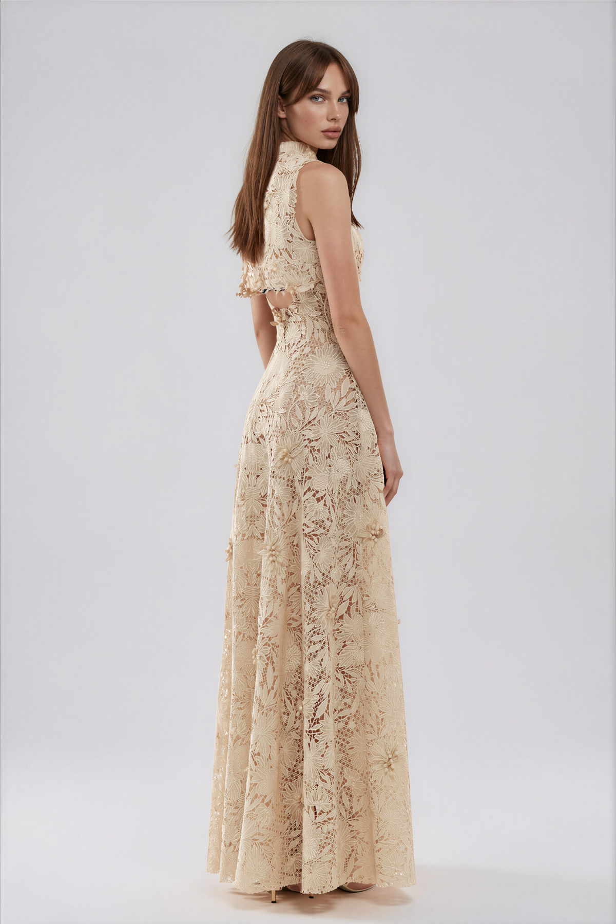 cream sleeveless floral lace maxi dress
