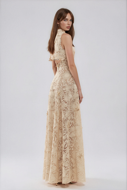 cream sleeveless floral lace maxi dress