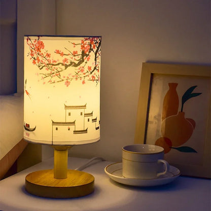BowLift Dimmable LED Bedside Lamp with Plum Blossom Fabric Shade – Elegant Nightstand Light for Your Bedroom
