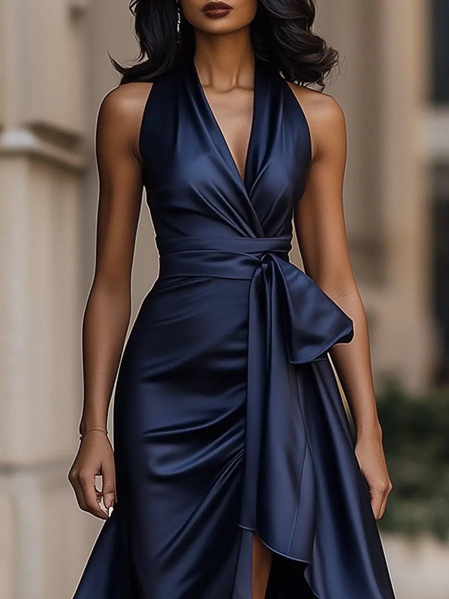 Women’s Halterneck Wrap Maxi Dress with V Neck, Tie Waist and Asymmetric Hem