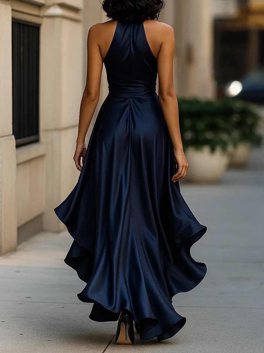 Women’s Halterneck Wrap Maxi Dress with V Neck, Tie Waist and Asymmetric Hem