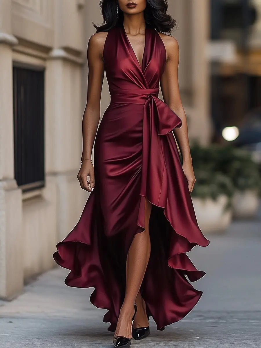 Women’s Halterneck Wrap Maxi Dress with V Neck, Tie Waist and Asymmetric Hem
