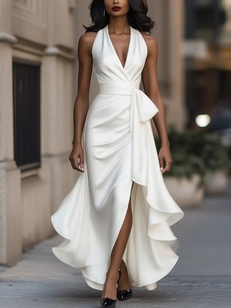 Women’s Halterneck Wrap Maxi Dress with V Neck, Tie Waist and Asymmetric Hem