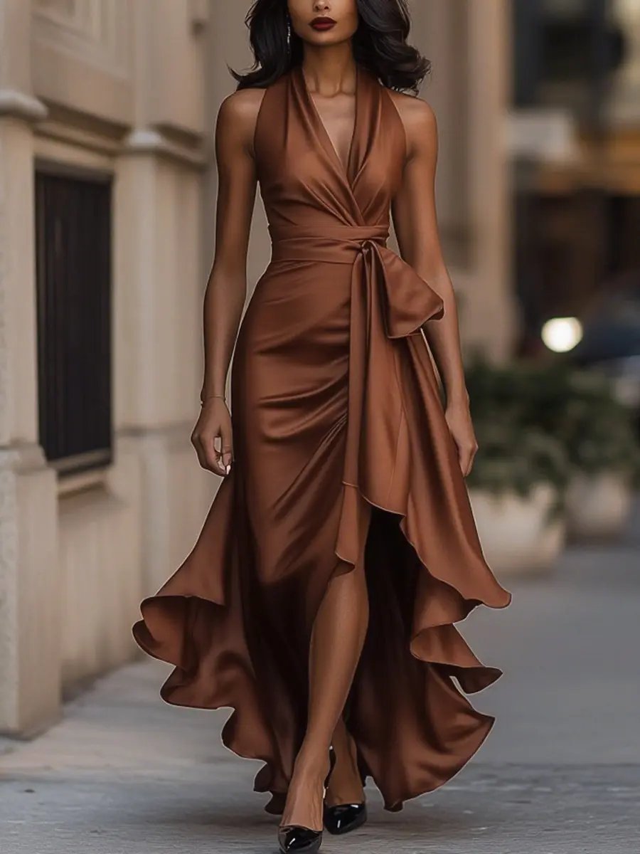 Women’s Halterneck Wrap Maxi Dress with V Neck, Tie Waist and Asymmetric Hem