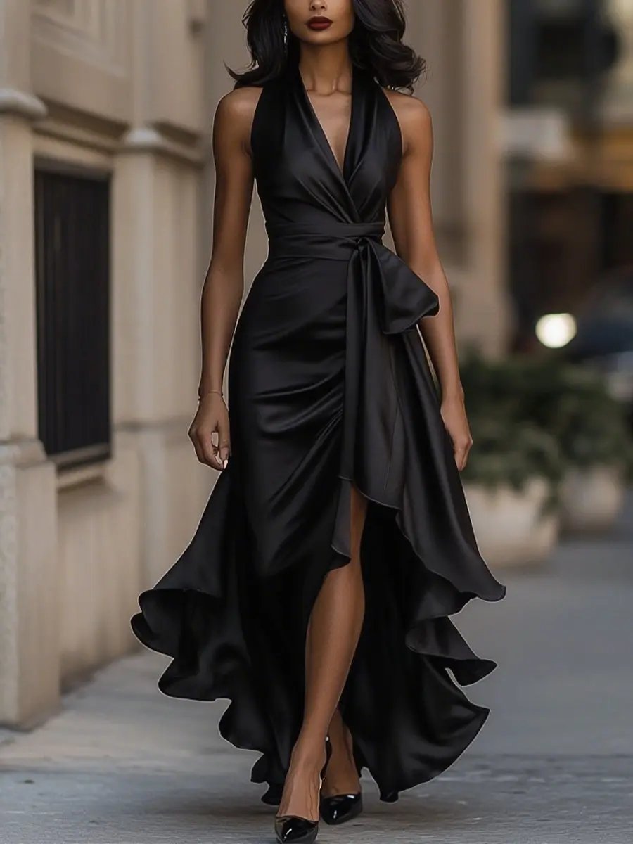 Women’s Halterneck Wrap Maxi Dress with V Neck, Tie Waist and Asymmetric Hem