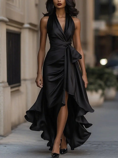 Women’s Halterneck Wrap Maxi Dress with V Neck, Tie Waist and Asymmetric Hem