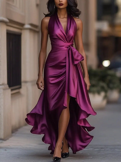 Women’s Halterneck Wrap Maxi Dress with V Neck, Tie Waist and Asymmetric Hem