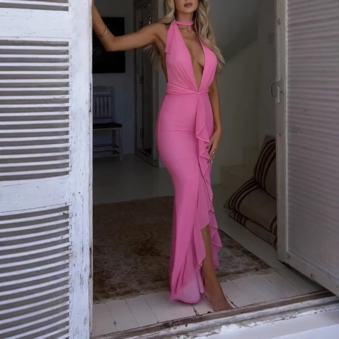 Women’s Pink Halterneck Wrap Maxi Dress with Deep V Neck, Tie Back and Ruffle Detail