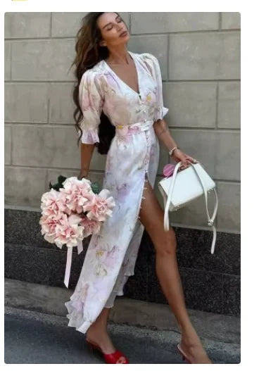 Women's White Floral V Neck Maxi Dress with Puff Sleeves and Fishtail Hem