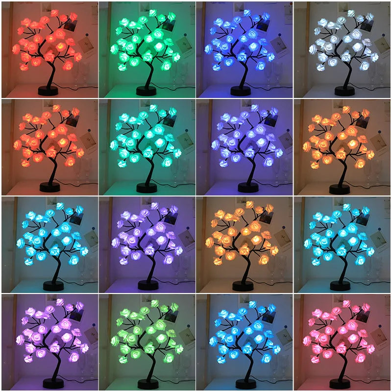 LZINA™ | RGB Rose Flower Tree Lights 24LED USB Battery Table Lamp Fairy Night Light Home Party Christmas Wedding Bedroom Decoration Gift