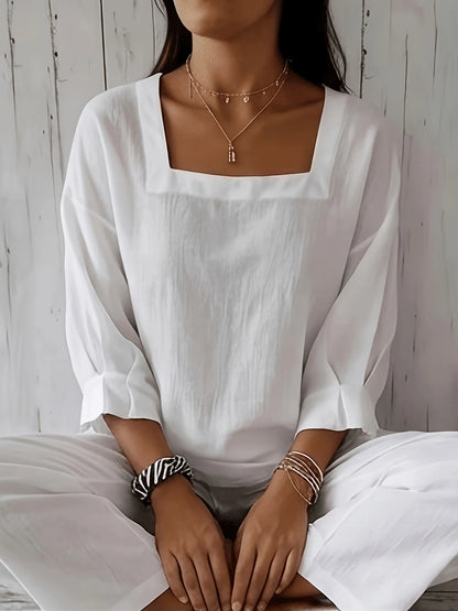 Women’s White Square Neck Top with Three Quarter Sleeves and Relaxed Fit