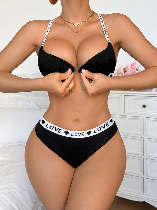 Lingerie Sets, Women’s Underwear Sets & Sexy Underwear – 2-Piece Push-Up Underwire Bra and Briefs with Front Closure, Ribbed Knit & Letter Straps