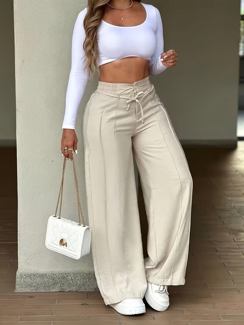 Women’s High Waist Drawstring Wide Leg Trousers with Pockets