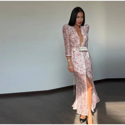 Women's Floral V Neck Puff Sleeve Maxi Dress with Fit and Flare Skirt