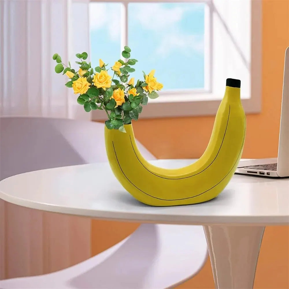 LZINA™ | Banana vase, flower vase made of resin, cute banana shape, decorative tabletop vase for flower arrangements, living room, bedroom, home decoration