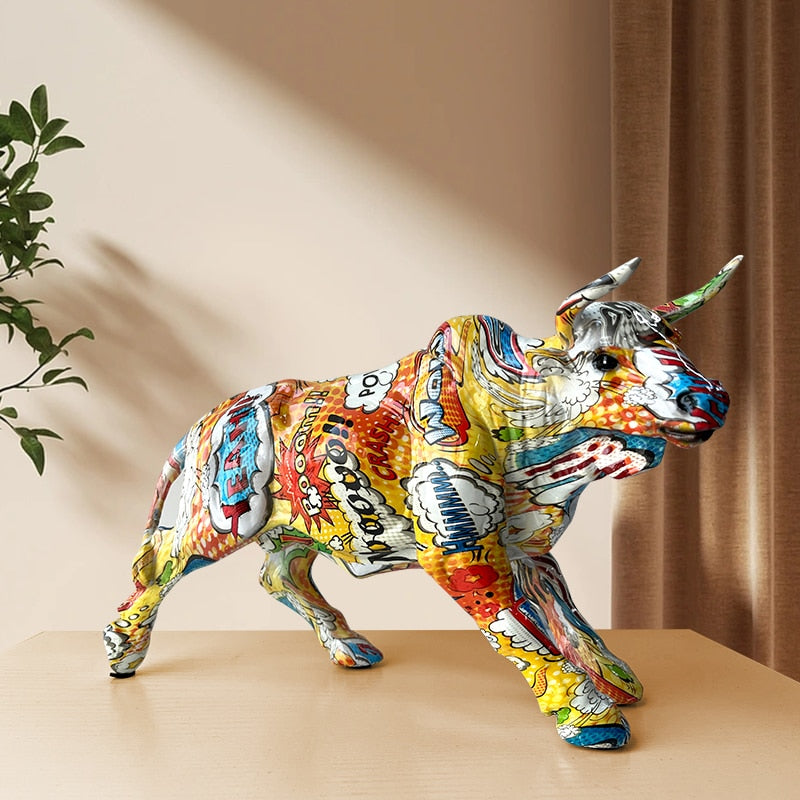 LZINA™ | Graffiti-Painting Resin Bull Figures Home Living Room Bedroom Office Desktop Feng Shui Ornaments Collection Statues