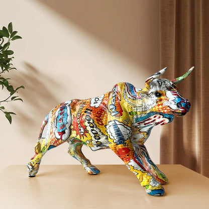 LZINA™ | Graffiti-Painting Resin Bull Figures Home Living Room Bedroom Office Desktop Feng Shui Ornaments Collection Statues