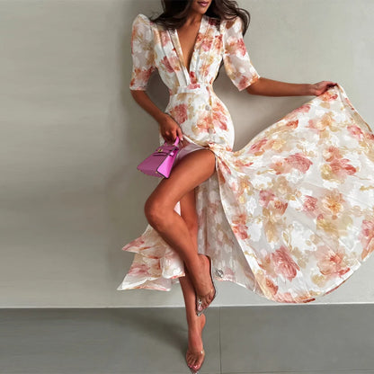 Women's Floral V Neck Puff Sleeve Maxi Dress with Fit and Flare Skirt