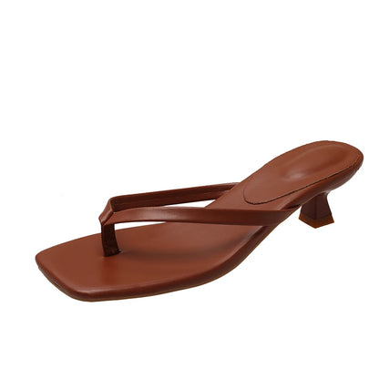 Women’s Low Heel Toe Post Slide Sandals with Square Heel and Narrow Strap