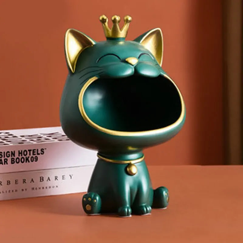 LZINA™ | Fortune Crown Big Mouth Cat Entrance Key Holder Decorative Ornament, Light Luxury Housewarming Gift Sculpture