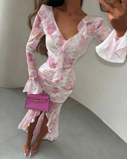 Women's White Floral V Neck Maxi Dress with Puff Sleeves and Fishtail Hem