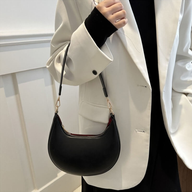 Women’s Half Moon PU Shoulder Bag with Zipper Closure