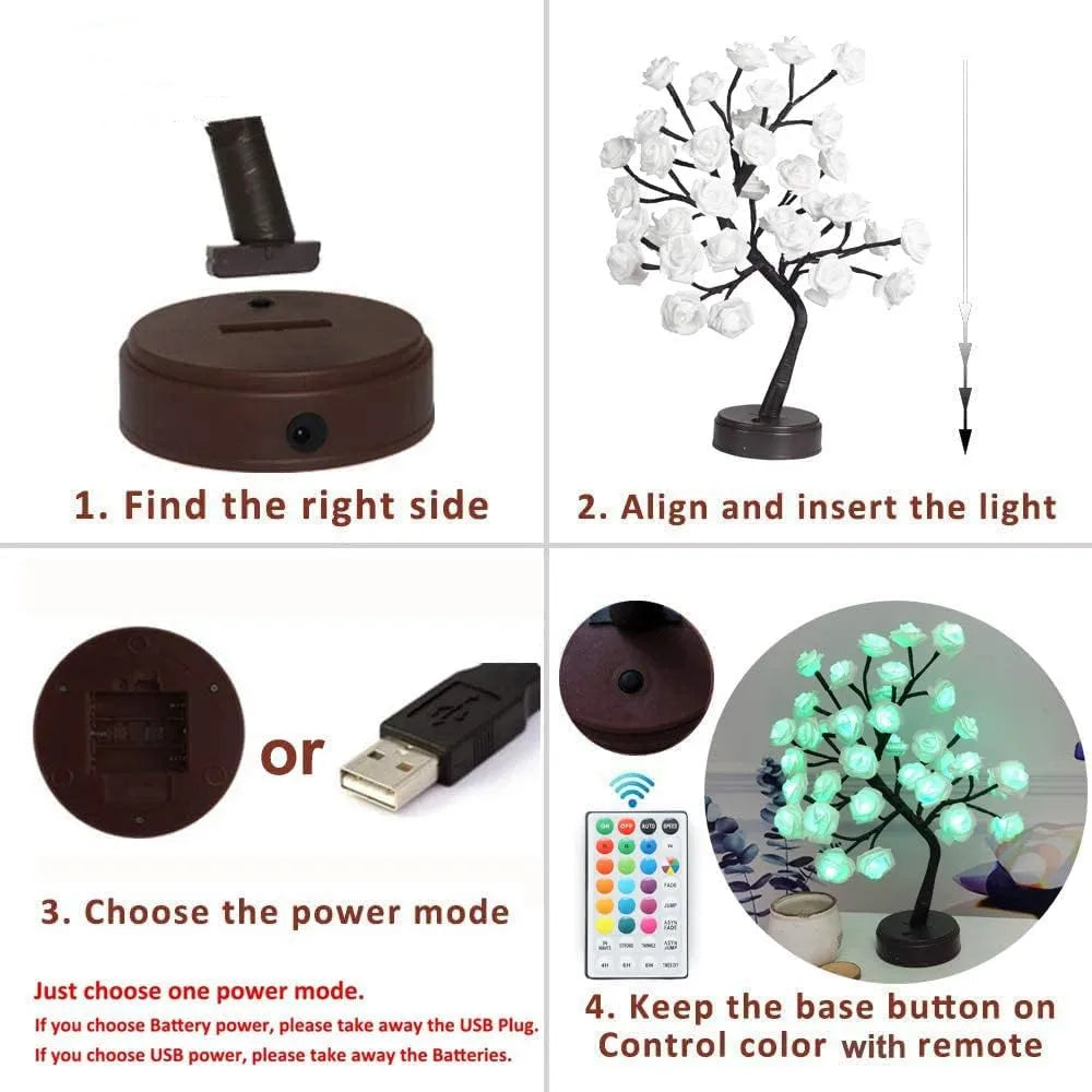 LZINA™ | RGB Rose Flower Tree Lights 24LED USB Battery Table Lamp Fairy Night Light Home Party Christmas Wedding Bedroom Decoration Gift