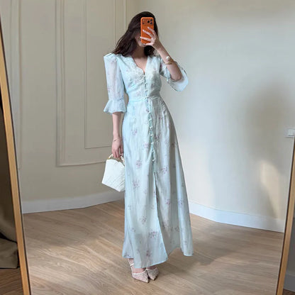 Women's Floral V Neck Puff Sleeve Maxi Dress with Fit and Flare Skirt