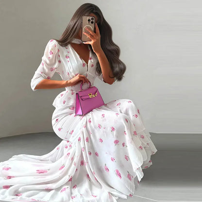 Women's Floral V Neck Puff Sleeve Maxi Dress with Fit and Flare Skirt