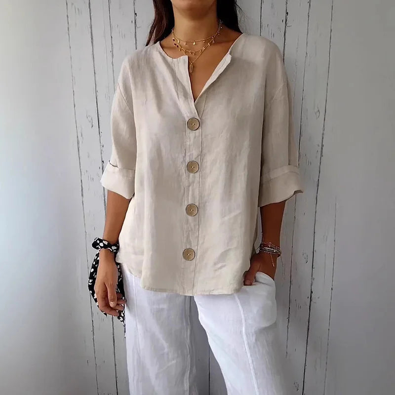 Women’s Loose V Neck Button Blouse with Three Quarter Sleeves and Cotton Linen Fabric