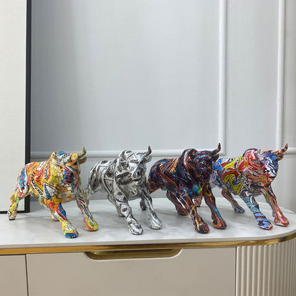 LZINA™ | Graffiti-Painting Resin Bull Figures Home Living Room Bedroom Office Desktop Feng Shui Ornaments Collection Statues