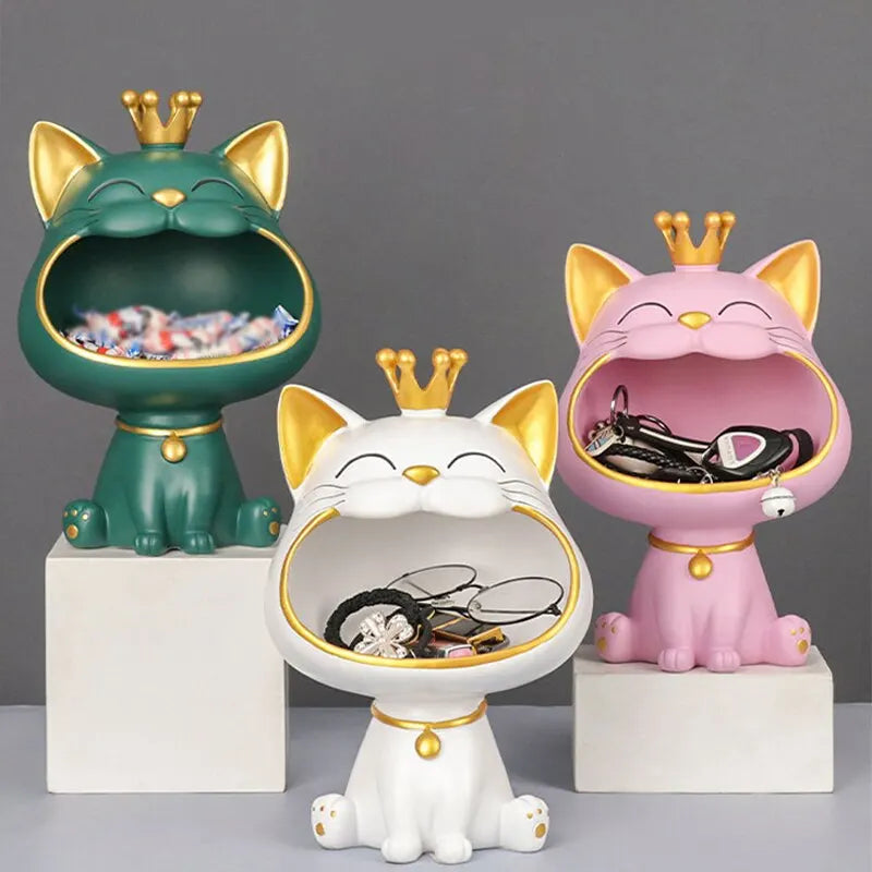 LZINA™ | Fortune Crown Big Mouth Cat Entrance Key Holder Decorative Ornament, Light Luxury Housewarming Gift Sculpture