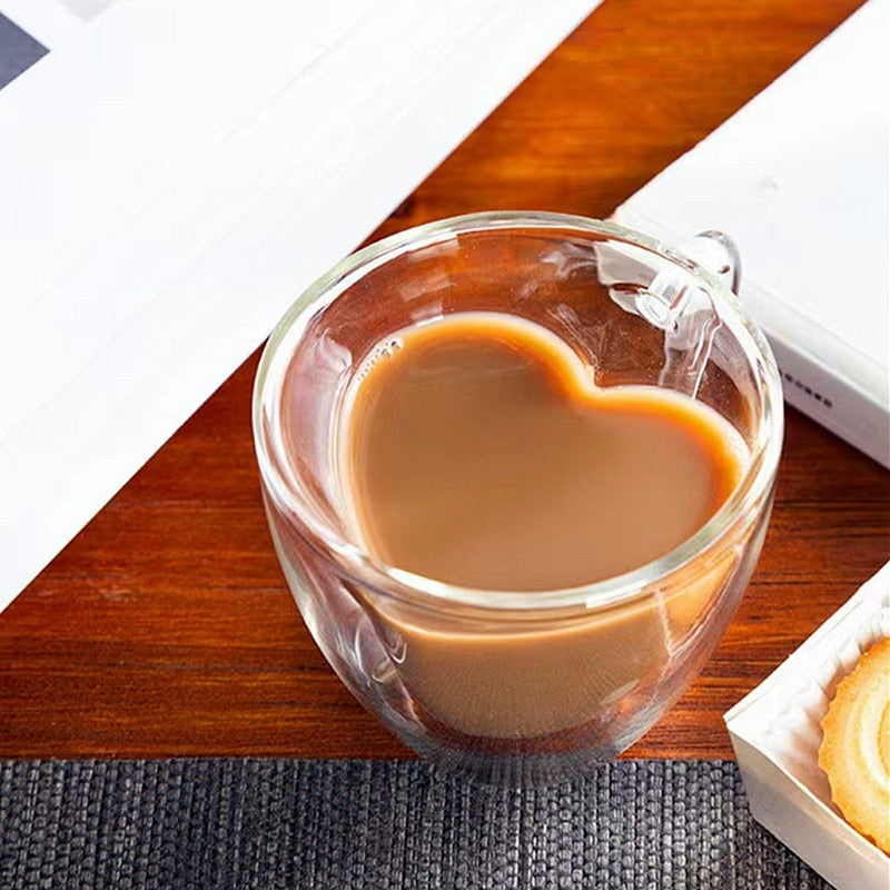 BowLift | Heart Love Shape Glass Mug Double-Walled Coffee Cups Insulated Tea Milk Lemon Juice Water Cup Heat-Resistant Drinkware Lover Gift