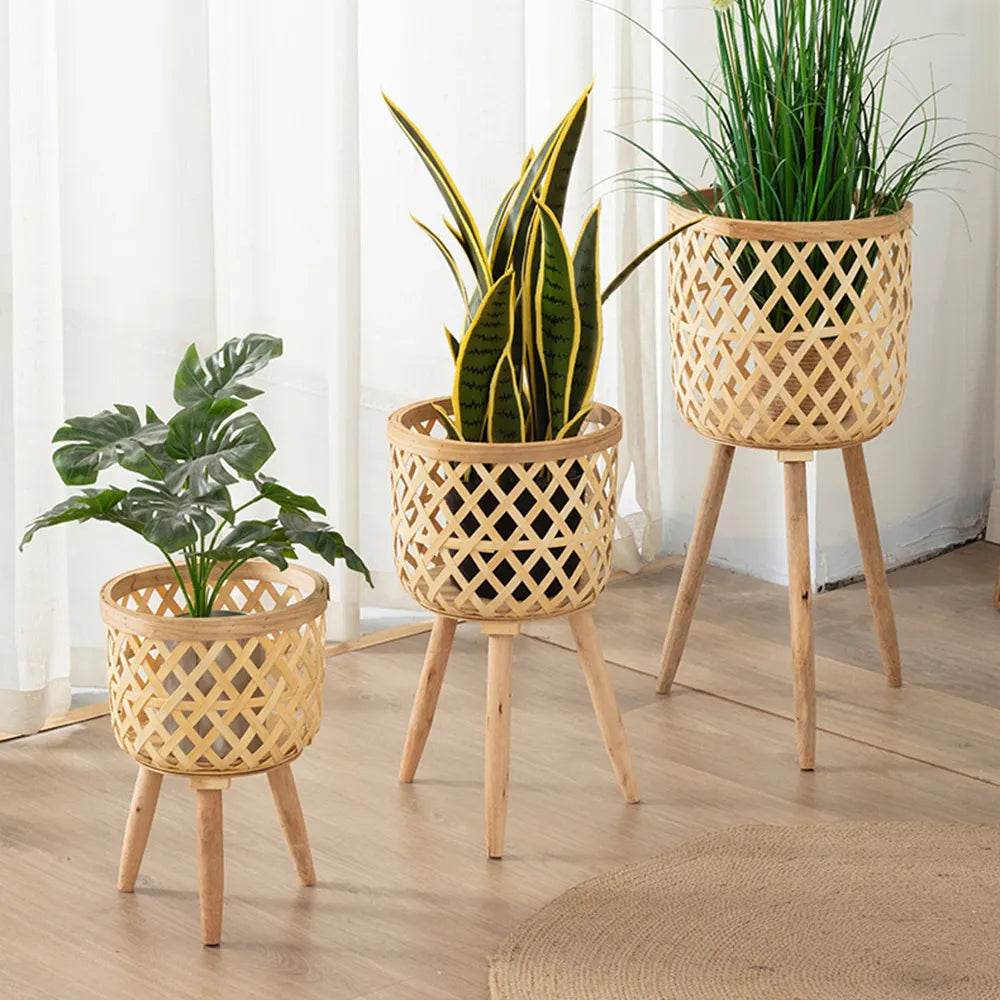 LZINA™ | Handcrafted Bamboo Woven Flower Pot with Stand Plant Flower Display Storage Stand DIY Storage Children's Plant Pots Home Decor