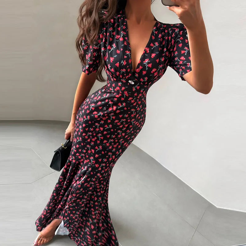 Women's Floral V Neck Puff Sleeve Maxi Dress with Fit and Flare Skirt