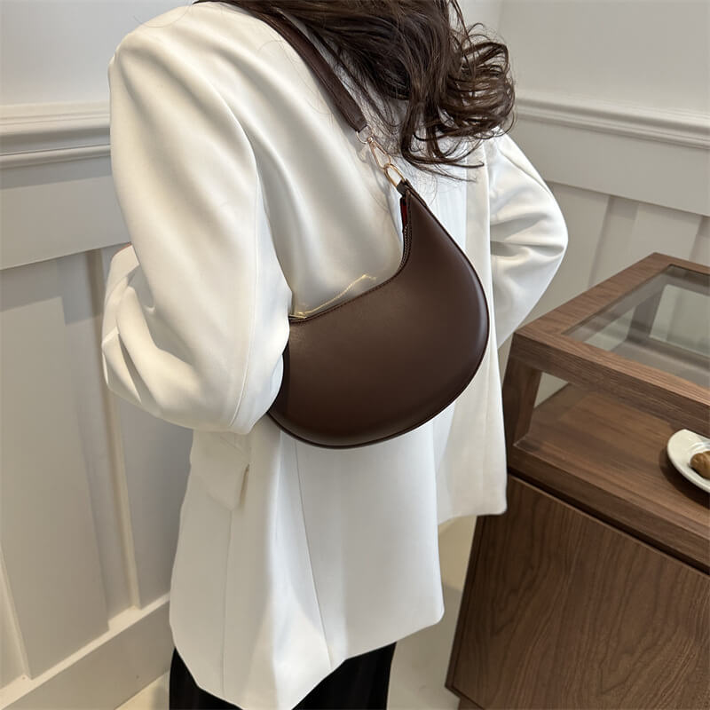 Women’s Half Moon PU Shoulder Bag with Zipper Closure