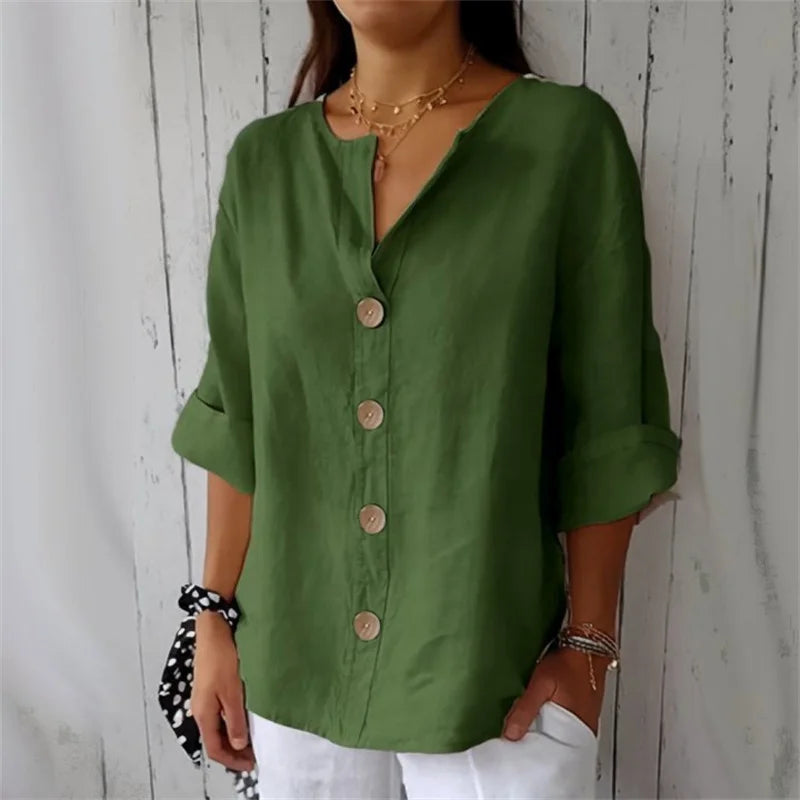 Women’s Loose V Neck Button Blouse with Three Quarter Sleeves and Cotton Linen Fabric