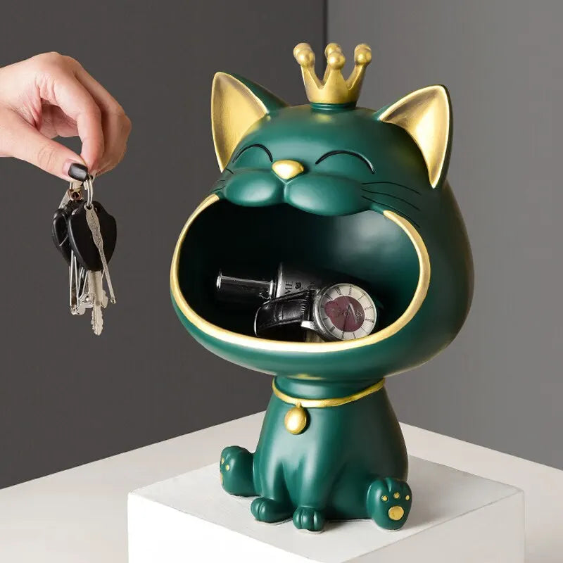 LZINA™ | Fortune Crown Big Mouth Cat Entrance Key Holder Decorative Ornament, Light Luxury Housewarming Gift Sculpture