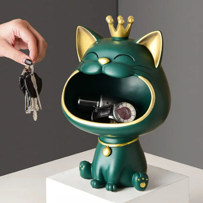 LZINA™ | Fortune Crown Big Mouth Cat Entrance Key Holder Decorative Ornament, Light Luxury Housewarming Gift Sculpture