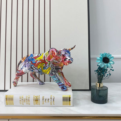 LZINA™ | Graffiti-Painting Resin Bull Figures Home Living Room Bedroom Office Desktop Feng Shui Ornaments Collection Statues