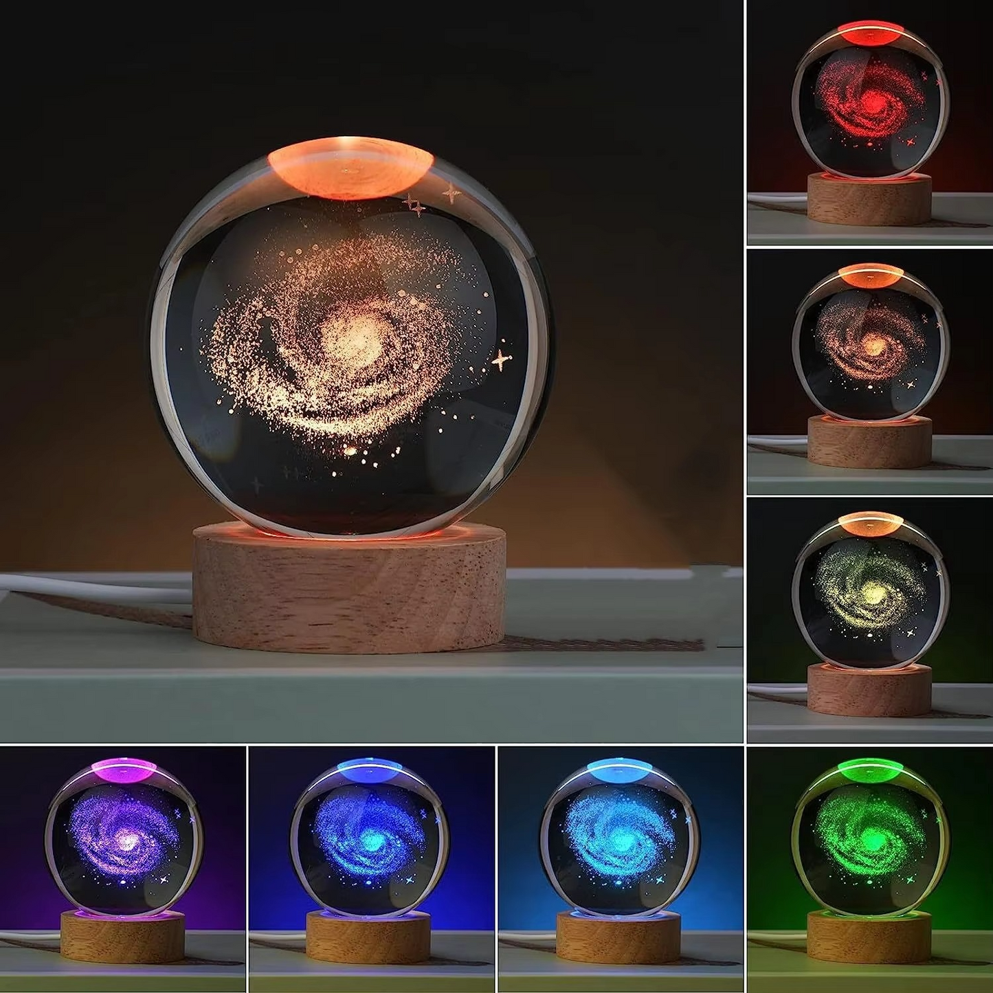 LZINA™ | 2.36 in RGB Crystal Ball Night Light with Milky Way and Moon - Cosmos-Inspired Bedside Decoration