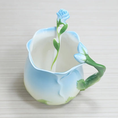 BowLift | 3D Rose Flower Coffee Mug Ceramic Coffee Mugs Cute Aesthetic Water Cups with Spoon Summer Winter Drinking Utensils Valentine's Day Gifts