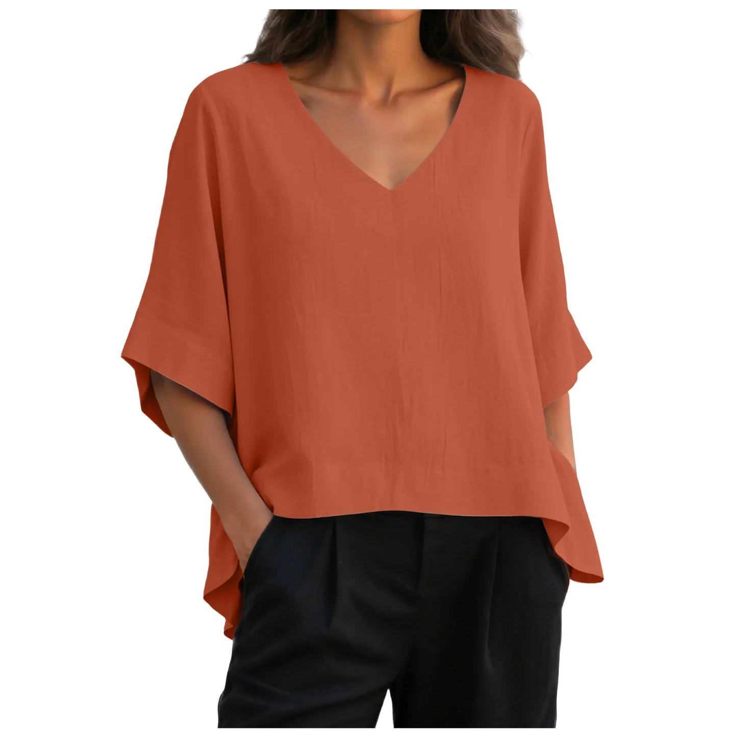Women’s V Neck Loose Blouse with Half Sleeves and Casual Summer Fit