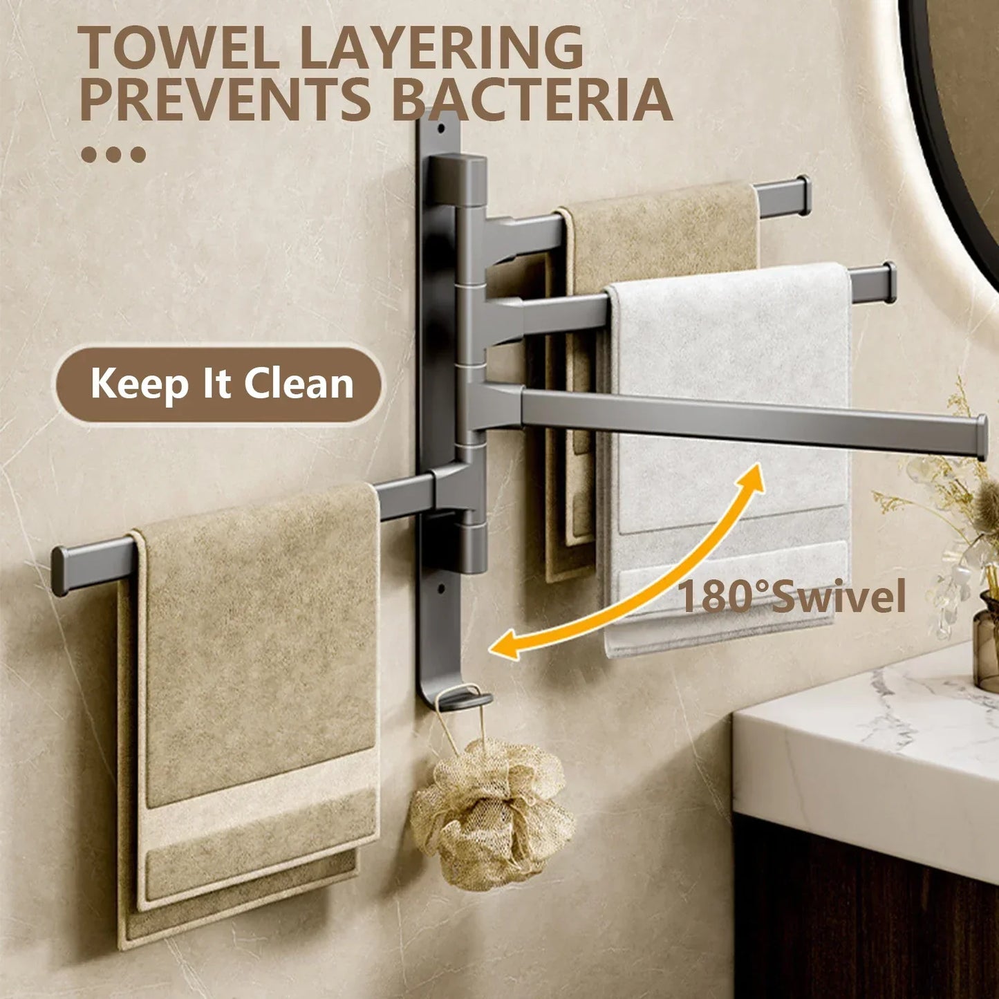BowLift | Bathroom Towel Holder Rotatable Towel Rack Space Aluminum 1/2/3/4/5-Bar Towel Holder Kitchen Shelf Kitchen Hanging Shelf Wall Mounted