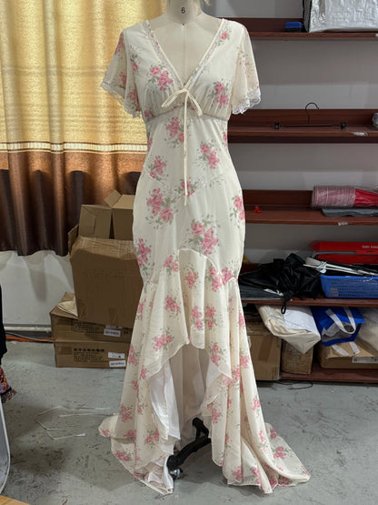 Women's White Floral V Neck Maxi Dress with Puff Sleeves and Fishtail Hem