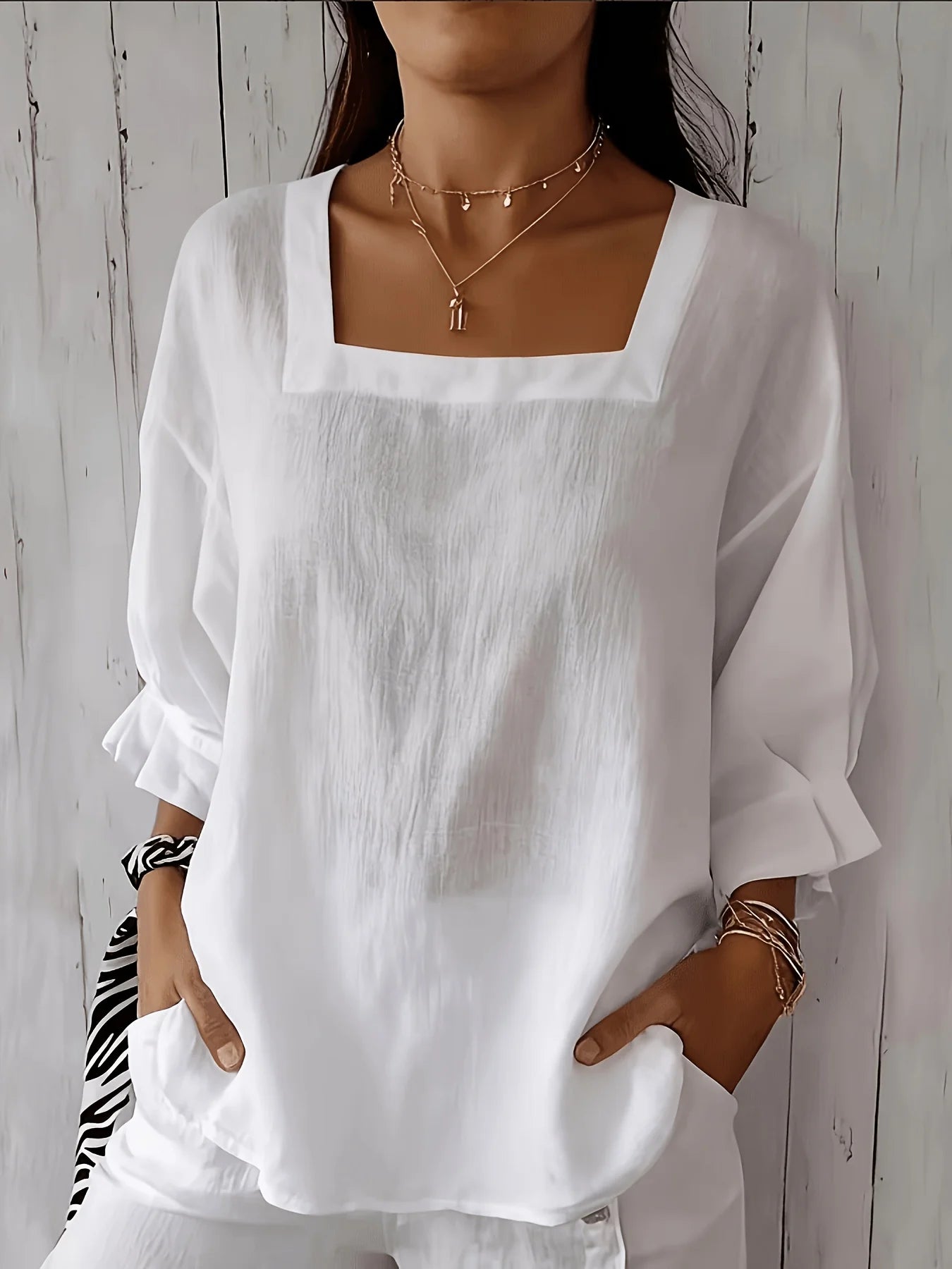 Women’s White Square Neck Top with Three Quarter Sleeves and Relaxed Fit