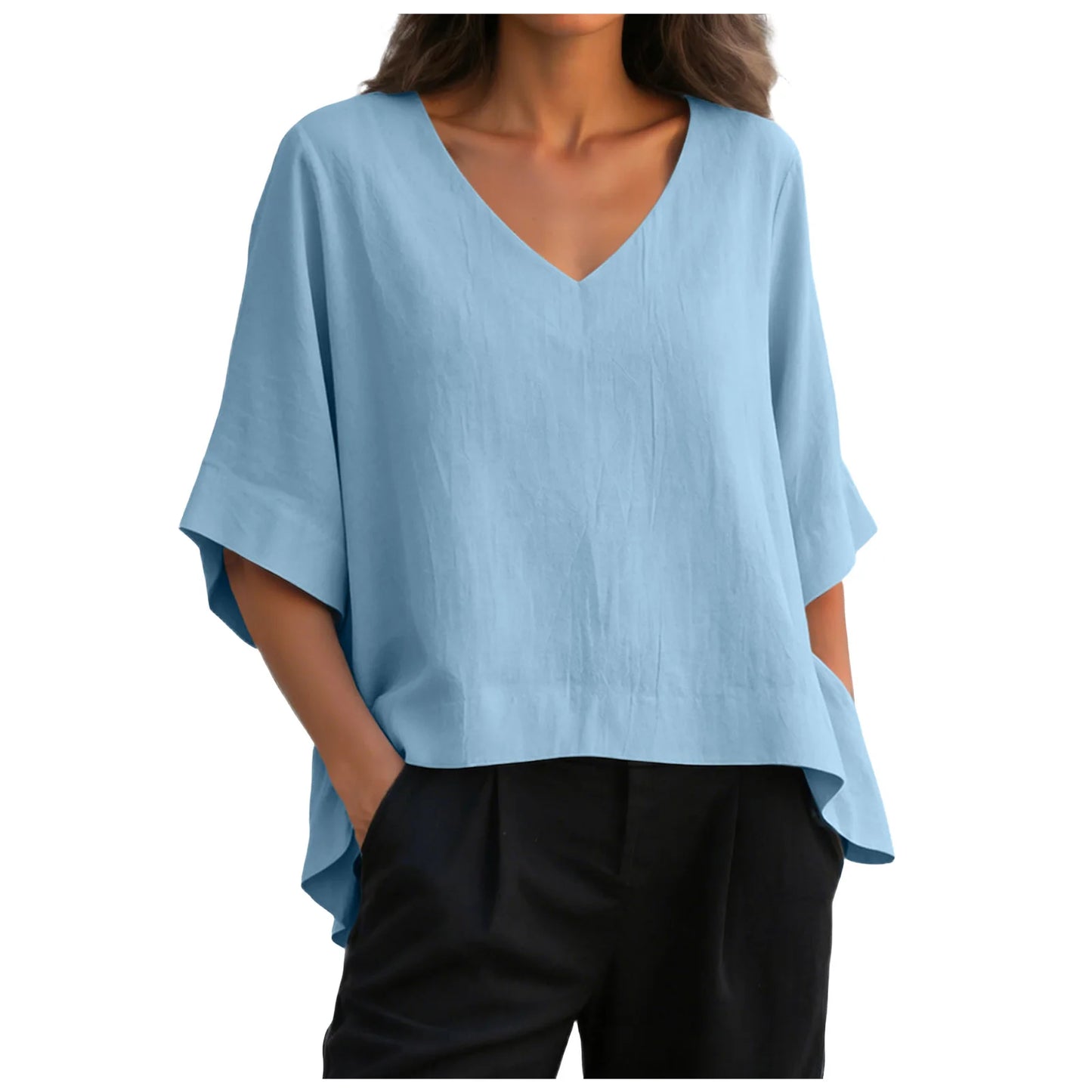 Women’s V Neck Loose Blouse with Half Sleeves and Casual Summer Fit