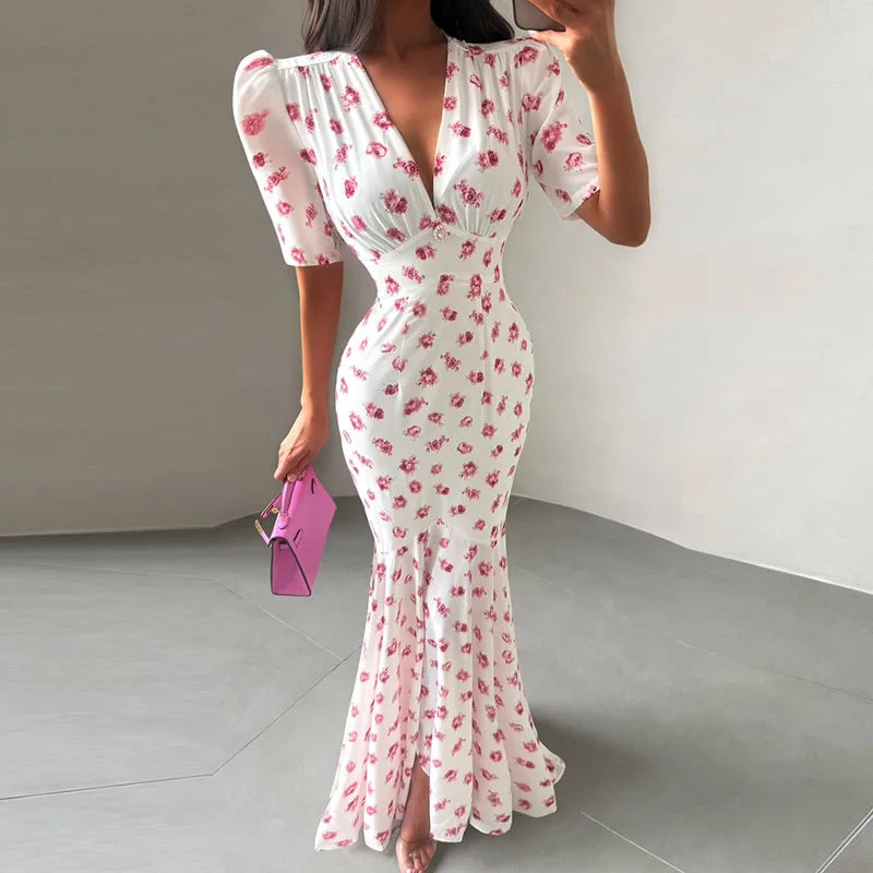 Women's Floral V Neck Puff Sleeve Maxi Dress with Fit and Flare Skirt